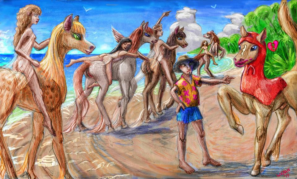 At a beach, my uncle Otto mocks a horse who stares at beautiful mares. Dream sketch by Wayan. Click to enlarge.