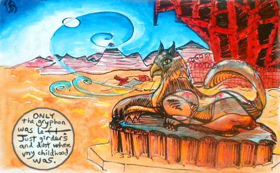 A desert. Rusty girders. Griffin on a pedestal. Dream sketch by Wayan