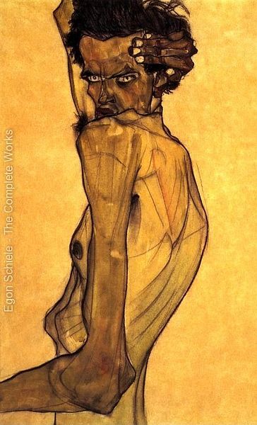 'Self-Portrait with Arm above Head', a painting by Egon Schiele. Click to enlarge.