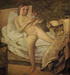 'Getting Up', a painting by Balthus. Click to enlarge.