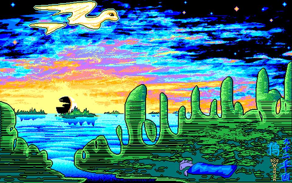 A seal-angel flies over a wooded lake at sunset. In a tent by a creek sleeps a small lizard: me. Click to enlarge