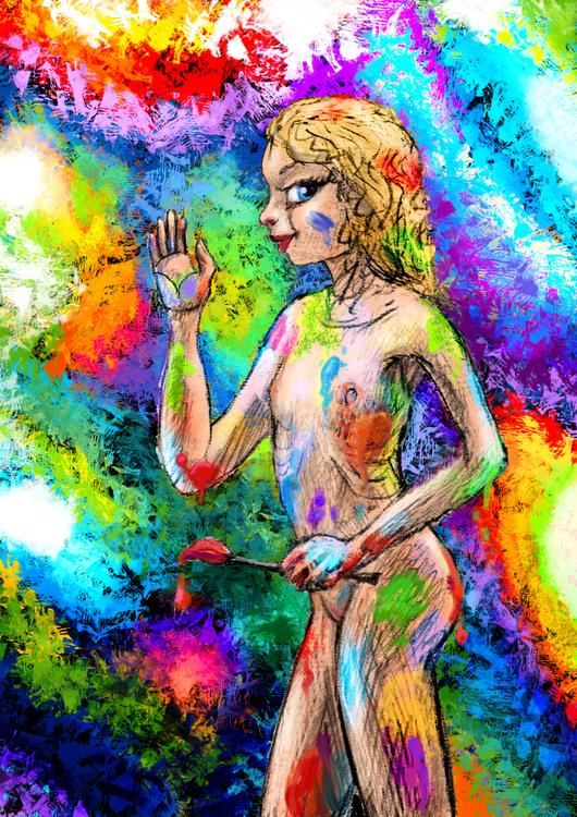 Girl smeared in paint in a space smeared in paint. Dream sketch by Wayan. Click to enlarge.