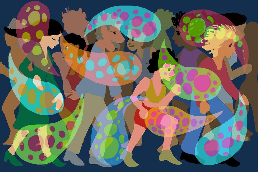 Crowd with overlay of psychedelic paisley. Dream sketch by Wayan. Click to enlarge.