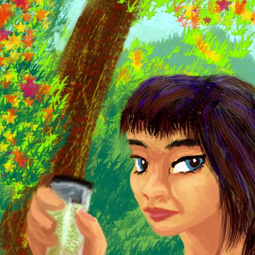Portrait of dark-haired woman holding a vial of dried herbs; autumn woods in background.