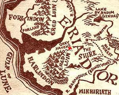 Sepiatone map of the Shire and surrounding regions of Middle Earth. My home's marked in red, northwest of the Shire, in the Tower Hills.