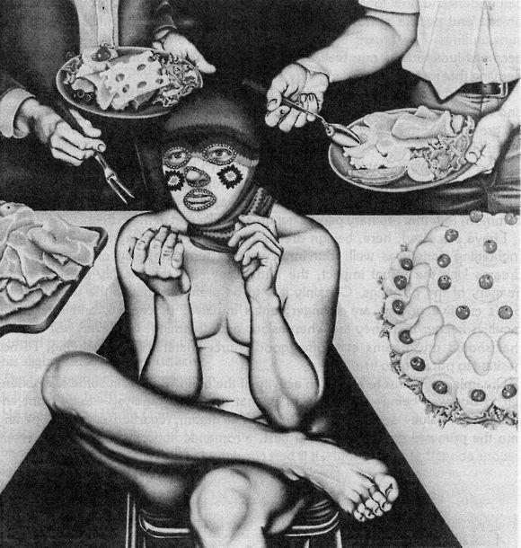 Grayscale copy of 'Unquiet Meals' painted 1977 by Phyllis Davidson. Click to enlarge.