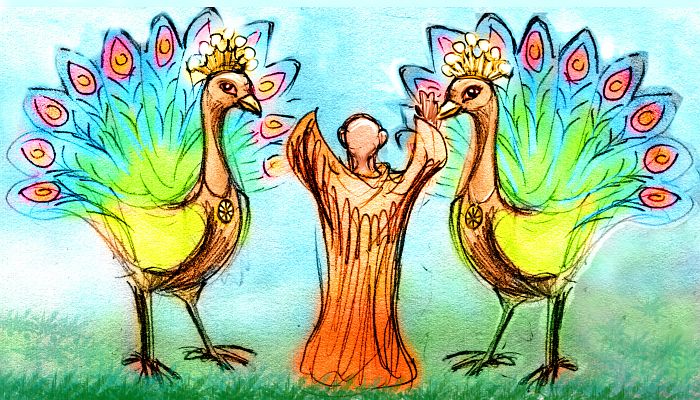 The monk Myoe Shonin meets two Peacock Kings taller than a man in his dream. Sketch by Chris Wayan