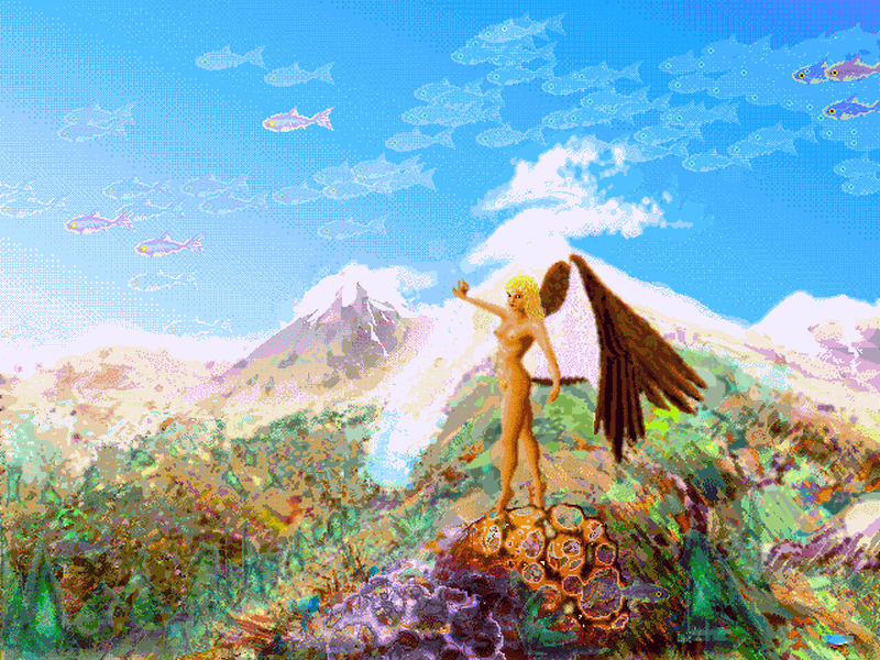Angel on an alpine reef, with sponges, glaciers and air-fish