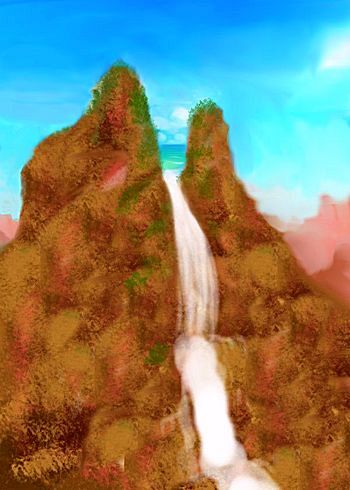 Salt waterfall atop a desert peak; sketch of a dream by Wayan. Click to enlarge.