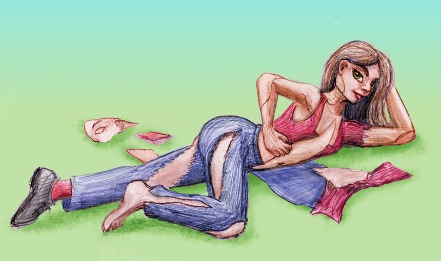 Woman peels off clothes--and skin! Dream sketch by Wayan. Click to enlarge.