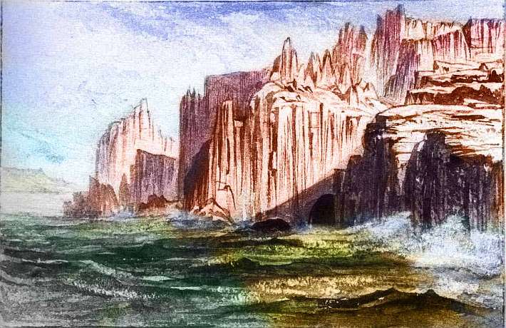 Sketch of sea cliffs on the dry west coast of Continent 2 on Pegasia, an Earthlike moon. Sketch based on a watercolor by Edward Lear.