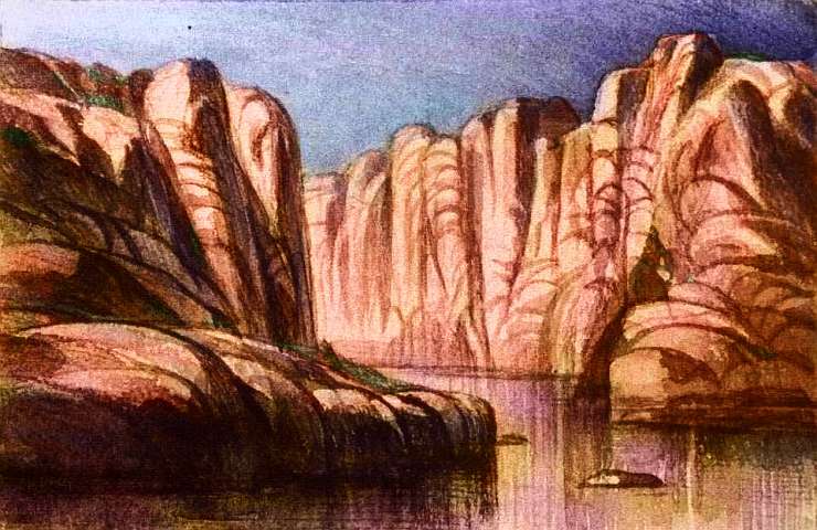 Sketch of bare red sandstone cliffs dropping into water. Southern Continent 2 on Pegasia, an Earthlike moon. Sketch based on a watercolor by Edward Lear.