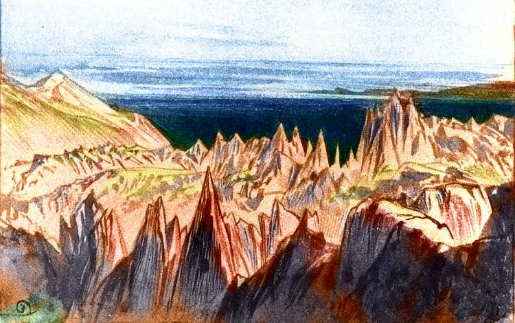 Sketch of rock needles on a promontory near a rivermouth on the north coast of Continent 2 on Pegasia, an Earthlike moon. Sketch based on a watercolor by Edward Lear.