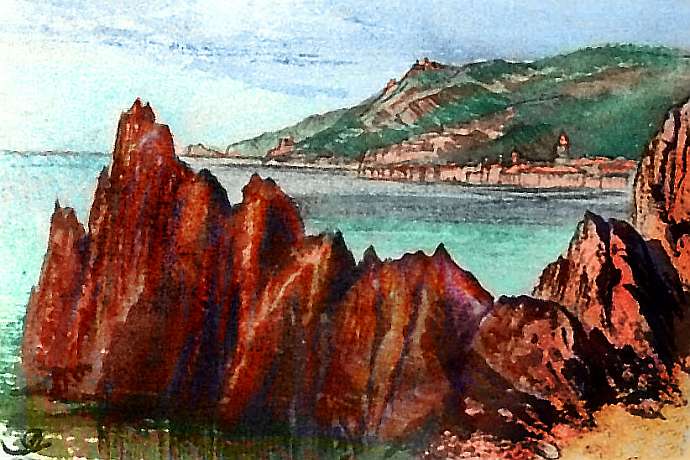 Sketch of jagged red coastal rocks; town in background. Cape Fippit, northern Continent 2 on Pegasia, an Earthlike moon. Sketch based on a watercolor by Edward Lear.