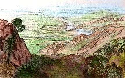 Sketch of a huge plain from a pass in treeless hills: the south central coast of Continent 2 on Pegasia, an Earthlike moon. Based on a watercolor by Edward Lear.
