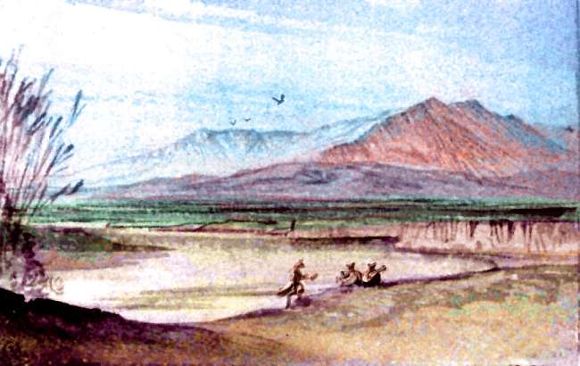 Sketch of musicians on a riverbank on northern plains of Continent 2 on Pegasia, an Earthlike moon. Sketch based on a watercolor by Edward Lear.