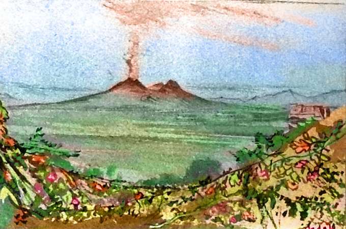 Sketch of a live volcano on a treeless plain; foreground, red-leafed vines on a sandy bank. East coast of Continent 2 on Pegasia, an Earthlike moon. Based on a watercolor by Edward Lear.