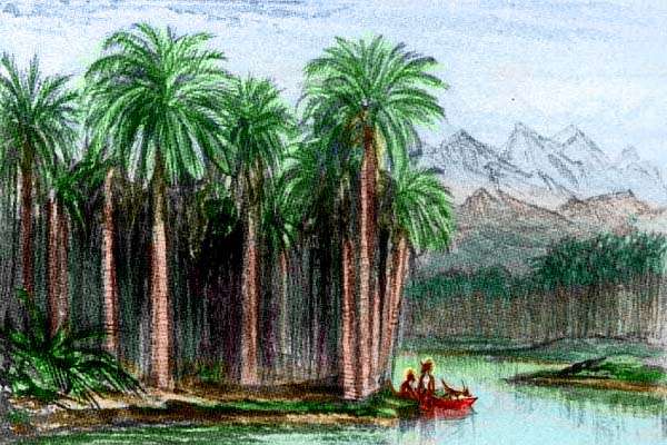 Sketch of rainforest and lake with mountains in distance, in southeast Continent 2 on Pegasia, an Earthlike moon.