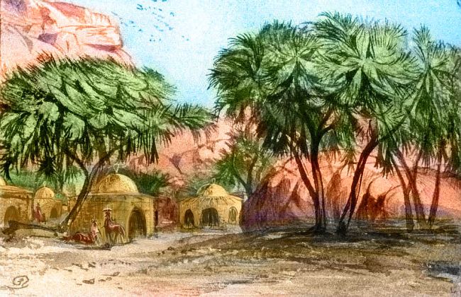 Sketch by Wayan of round huts topped by a sort of ankh, in the shade of sparse trees and boulders; in the streets, centauroids with parasols. Central desert of Continent 4 on Pegasia, an Earthlike moon. Based on a watercolor sketch by Edward Lear.