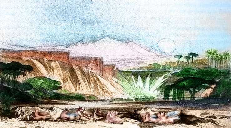Sketch by Wayan of a low, broad waterfall in a desert basin; mountains on horizon. Central desert of Continent 4 on Pegasia, an Earthlike moon. Based on a watercolor sketch by Edward Lear.