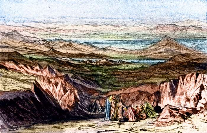 Sketch by Wayan of grassy, rocky ridges and long sounds under sunny skies. Winged bipeds, vaguely equine, converse in foreground. Pseudofornia (SW Continent 4) on Pegasia, an Earthlike moon. Based on a watercolor sketch by Edward Lear.