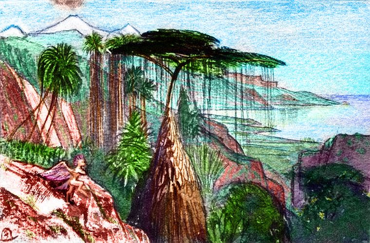 Sketch by Wayan of a volcano above a rugged tropical coast; northern Continent 4 or 1-4 Island on Pegasia, an Earthlike moon. Based on a watercolor sketch by Edward Lear.