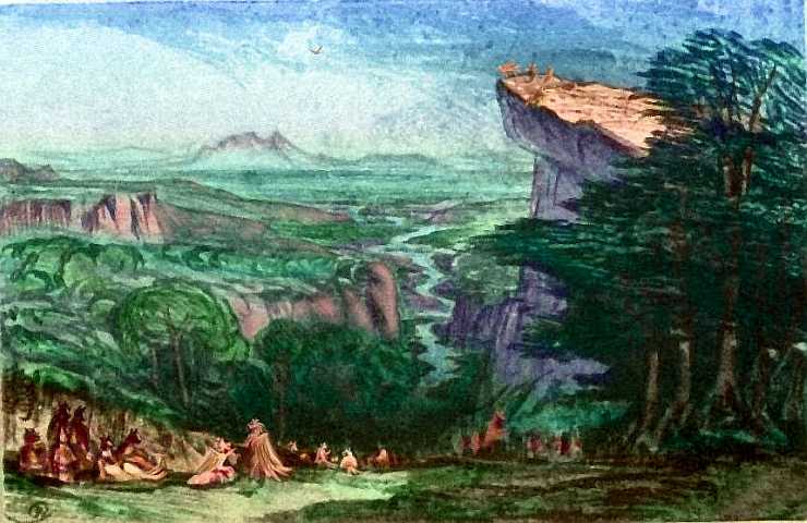 Sketch by Wayan of a rock slab overhanging a wooded canyon. Winged bipeds, vaguely equine, camp below; a few peer off the rock. Northeast coast of Continent 5 on Pegasia, an Earthlike moon. Based on a watercolor sketch by Edward Lear.