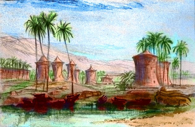 Sketch by Wayan of wasp-waisted towers in a Nile-like canyon in the deserts of Continent 5 on Pegasia, an Earthlike moon. Based on a watercolor sketch by Edward Lear.
