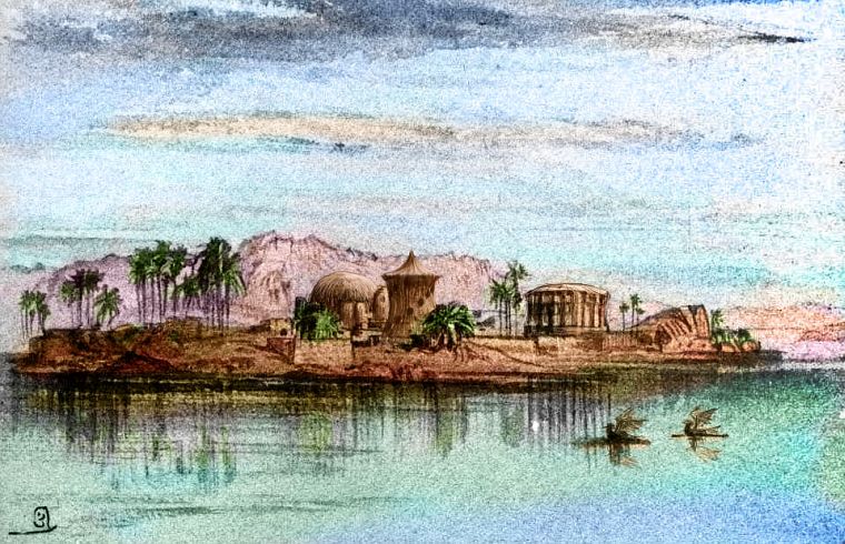 Sketch by Wayan of domes and towers in a Nile-like canyon in the deserts of Continent 5 on Pegasia, an Earthlike moon. Based on a watercolor sketch by Edward Lear.