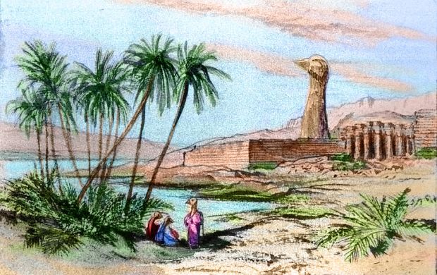 Sketch by Wayan of robed, goose-necked, bird-headed people amid ruins in a Nile-like canyon in the deserts of Continent 5 on Pegasia, an Earthlike moon. Based on a watercolor sketch by Edward Lear.