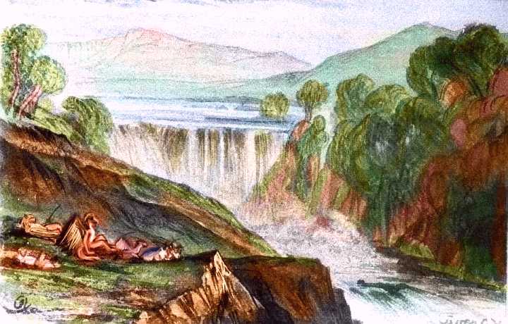 Sketch by Wayan of equine winged figures resting by a waterfall. Above, a lake in grassy hills with scattered groves. Below, wooded canyon. Far eastern Continent 5 on Pegasia, an Earthlike moon. Based on a watercolor sketch by Edward Lear.