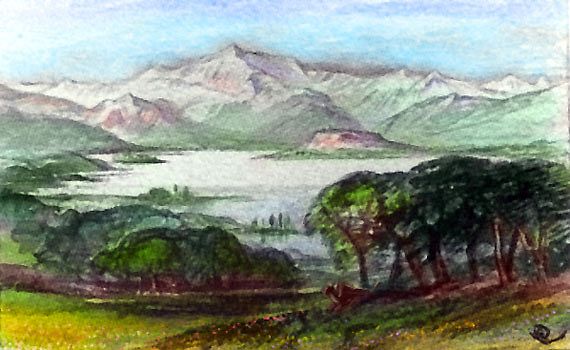 Sketch by Wayan of a flowering meadow and groves of low trees above spits and coves; snowy mountains in background. Southeast Continent 5 on Pegasia, an Earthlike moon. Based on a watercolor sketch by Edward Lear.