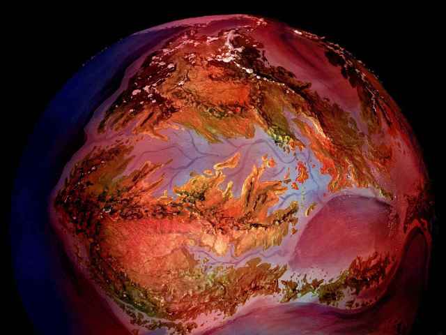 High orbital photo of Inner Hemisphere reddened by the noon solar eclipse, on Pegasia, an Earthlike moon.