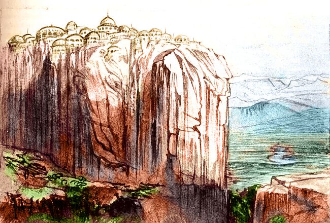 Sketch of a crag-top town with arches and domes of golden sandstone, on Pegasia, an earthlike moon with shallow seas. Sketch by Wayan based on a watercolor by Edward Lear.