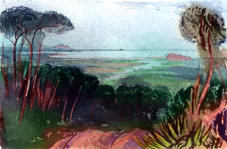 Sketch of an open marshy estuary framed in trees, on Pegasia, an earthlike moon with shallow seas. Sketch by Wayan based on a watercolor by Edward Lear.