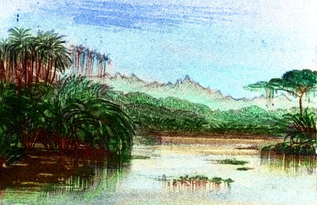 Sketch of a lagoon with rainforest and craggy mountains in background. Based on a watercolor by Edward Lear.