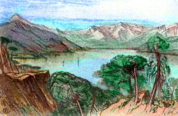 Sketch of a mountain lake from piny crags, on Pegasia, an earthlike moon with shallow seas. Sketch by Wayan based on a watercolor by Edward Lear.