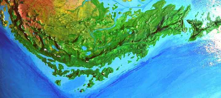 Orbital photo of southern Continent 6 on Pegasia, an Earthlike moon; mostly rainforest.