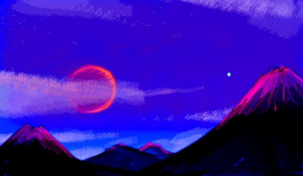 Sketch of silhouetted snowy peaks during the noon eclipse, on Pegasia, an Earthlike moon.