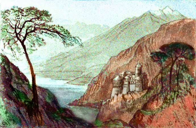Sketch by Wayan of a delicate castle or pavilion on a piny rock above a lake or cove; western Continent 7 on Pegasia, an Earthlike moon. Based on a watercolor by Edward Lear.