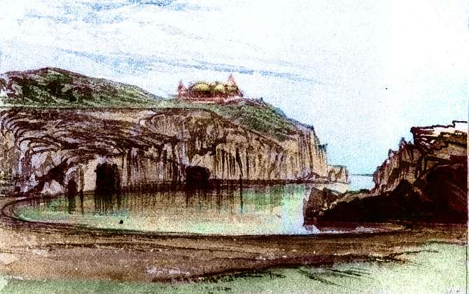 Sketch by Wayan of rocky cove with domed castle or pavilion; western Continent 7 on Pegasia, an Earthlike moon. Based on a watercolor by Edward Lear.