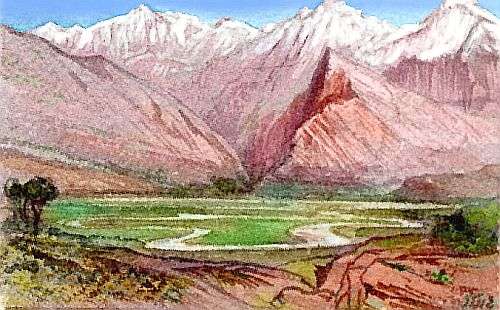 Sketch of a looping river in a treeless plain; jagged snowy mountains in background. Based on a watercolor by Edward Lear.