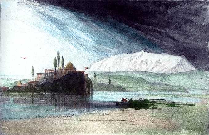 Sketch of an elegant domed mansion on a rocky promontory in a lake or lagoon; distant snowy mountains; griffinlike creatures in foreground. Based on a watercolor by Edward Lear.