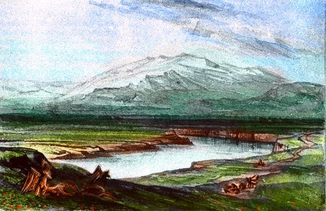 Sketch of a flowering prairie with distant snowy mountains; winged creature (person?) crouching in foreground. Based on a watercolor by Edward Lear.