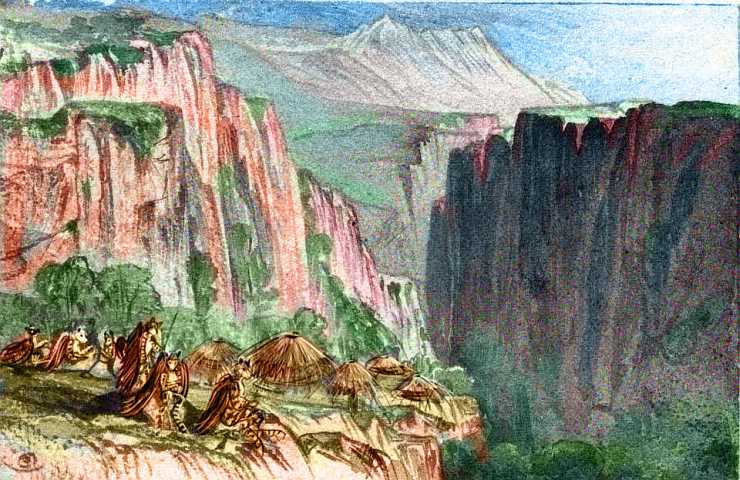Beehive huts on the shoulder of a cliff in open mountains; the inhabitants look like small winged tigers. Northwest Continent 9, on Pegasia, an Earthlike moon.