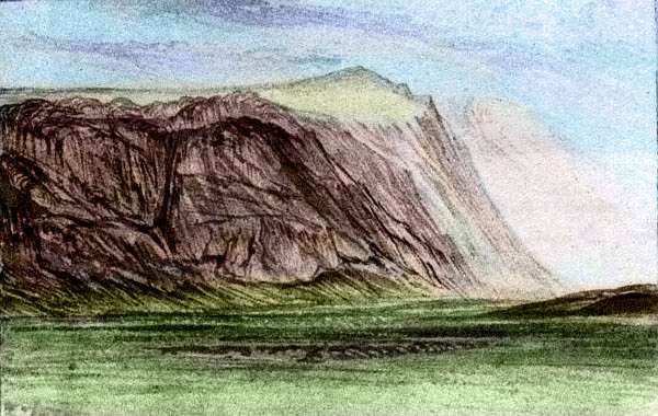 Sketch of cliffs and not-quite-tundra; northern Continent 7 on Pegasia, an Earthlike moon. Based on a watercolor by Edward Lear.