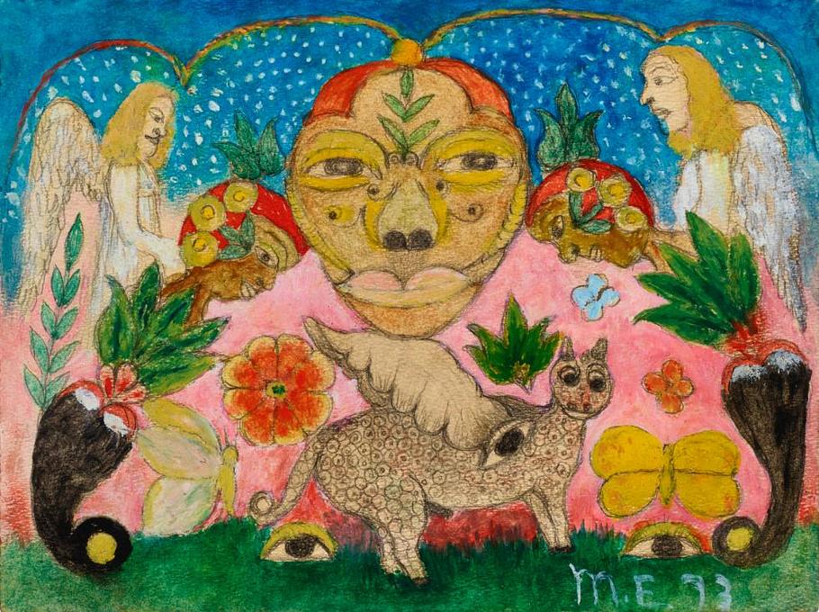 winged quadruped--Pegasus? Untitled 1973 dream painting by Minnie Evans