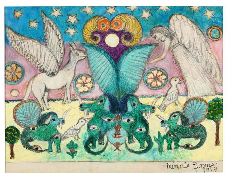 Pegasus in garden with green beast and angels. Untitled 1979 dream painting by Minnie Evans