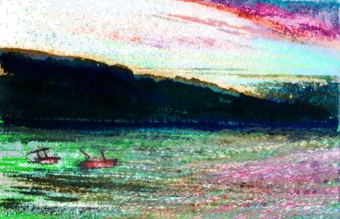 Sketch by Wayan of boats on a choppy bay at (cloudy) sunset in the South Arc Islands, Continent 5, on Pegasia, an Earthlike moon. Based on a watercolor sketch by Edward Lear.
