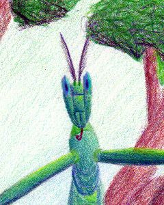 Head of a busrehi, an intelligent flying insect of the forest canopy on Pegasia, a fertile moon orbiting a gas giant. Species design and sketch by Marc Cohen.